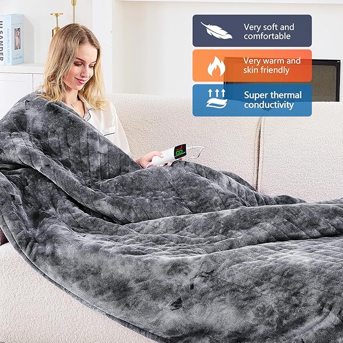 greenoak Heated Electric Blanket Throw, Faux Fur Sherpa Heating Blanket for Sofa Bed, Warm Winter Gift for Dad/Grandma, Heater Lap Blankets 5-Position Timer &10 Heating Levels 62''*84" Marble Grey