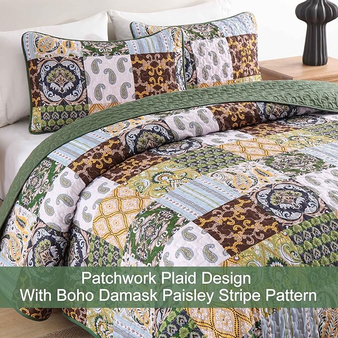WONGS BEDDING Boho Quilt Set King Size, Plaid Patchwork Bedspread Bedding Set Soft Microfiber Quilt for King Bed Reversible 3 Pieces Coverlet Set for All Season (Brown Olive 104"x90")