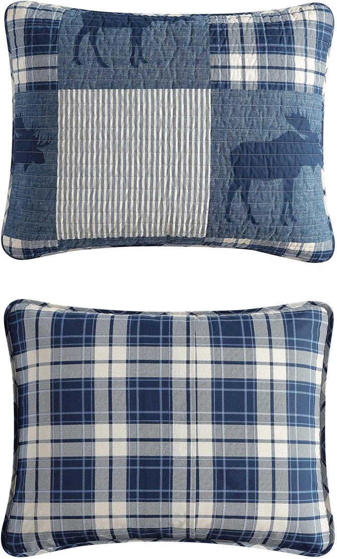 Eddie Bauer - Queen Quilt Set, Naturally Soft Cotton Bedding w/a Lightweight Feel for All-Year Comfort, Reversible w/Matching Pillowcases, 3 Piece Bed Set (Moose Plaid/Pinstripe/Patchwork Blue)