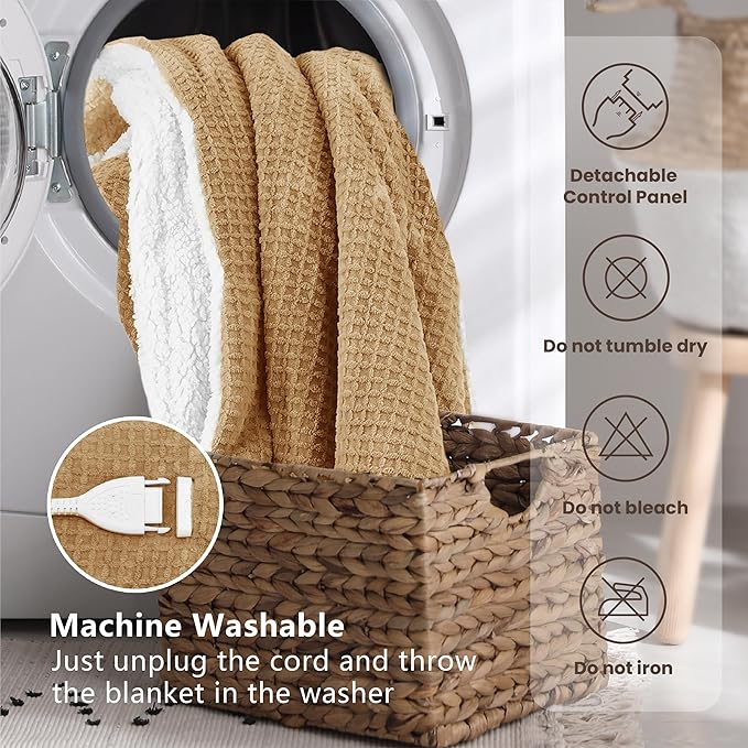 Heated Blanket Electric Blanket Twin Waffle, 62x84 Inches Sherpa Fleece Fast Heating Blanket 6 Heating Levels & 10 Hours Auto Off ETL Certification, Caramel Twin