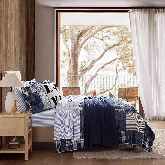 Eddie Bauer - Queen Quilt Set, Naturally Soft Cotton Bedding w/a Lightweight Feel for All-Year Comfort, Reversible w/Matching Pillowcases, 3 Piece Bed Set (Moose Plaid/Pinstripe/Patchwork Blue)