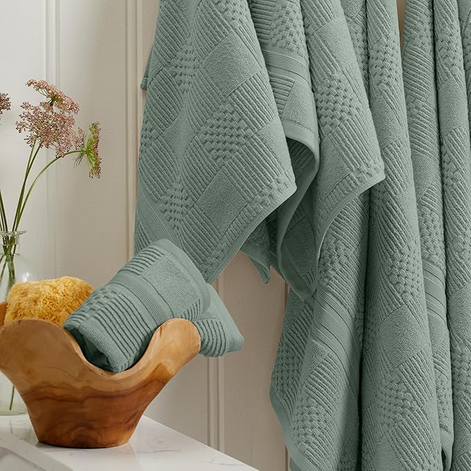 Springtree Home 100% Cotton Bathroom Towel Set | 6 Piece Set - Green Bath Towels | Geometric Textured Design | Absorbent & Quick-Dry | Oeko-TEX® Standard 100 Cotton | Myla Collection - Lily Pad Green