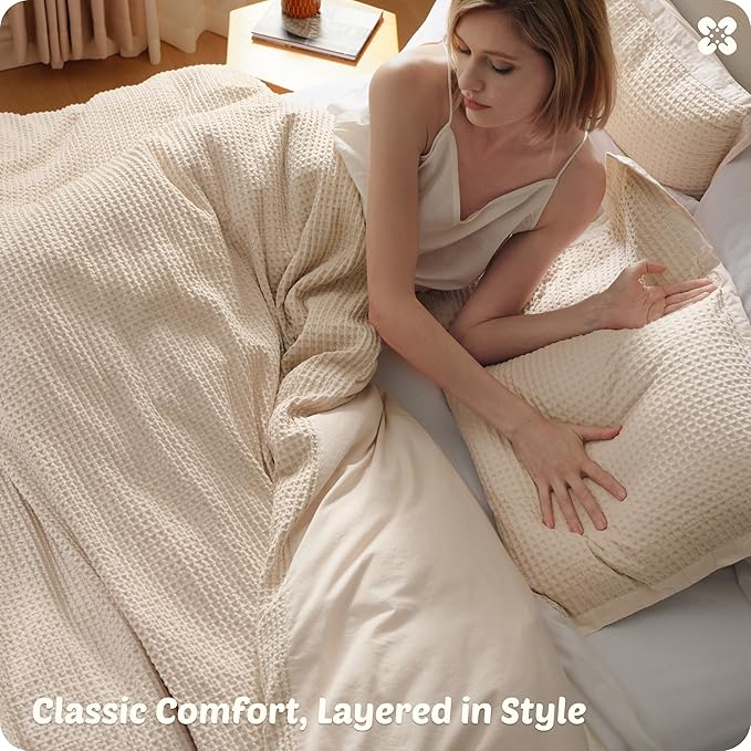 Bedsure Cotton Duvet Cover Set - 100% Cotton Waffle Weave Beige Duvet Cover Oversized Queen Size, GentleSoft™ and Breathable Bedding Set for All Season, 3 Pieces, 98"x98"
