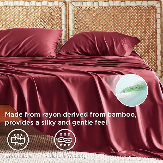 Bedsure California King Sheet Sets, Cooling Sheets, Rayon Derived from Bamboo, Breathable & Soft, Deep Pocket Up to 16 Inches, Hotel Luxury Silky Bedding for Hot Sleepers, Burgundy
