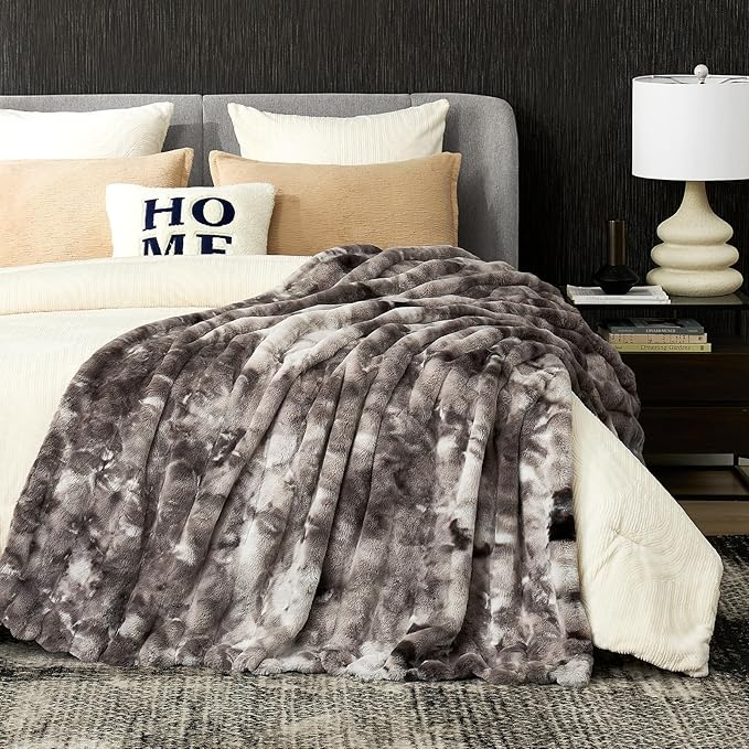 Cozy Bliss Faux Fur Throw Blanket for Couch, Fuzzy Soft Plush Thick Striped Blanket for Sofa Bedroom Living Room, 60 * 80 Inches Tie-dye Grey