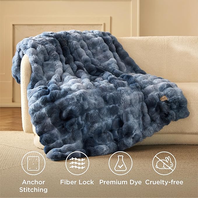 Bedsure GentleSoft Fluffy Faux Fur Blanket Twin Size, Fuzzy Soft Bubble Blanket for Couch, Faux Fur Decor for Home Bedroom Living Room, Thick Furry Cozy Gifts for Women, Tie-dye Blue, 60x80 Inch
