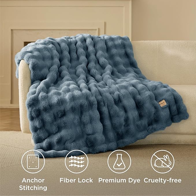 Bedsure GentleSoft Fluffy Faux Fur Throw Blanket for Couch, Soft Fuzzy Bubble Blanket Home Decor Gifts for Bedroom Living Room, Thick Warm Furry Cozy Gifts for Women, Greyish Blue, 50x60 Inch