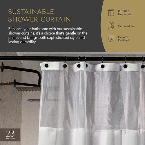 23 THREADS Fabric Shower Curtain for Bathroom, Water Resistant, Made from Sustainable Yarns, White, Herringbone Weave, with Window