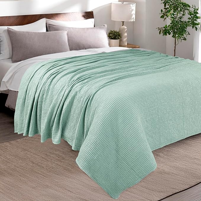 HILLFAIR 100% Combed Cotton Blanket– King Size Bed Blankets– Warm Soft All Season Breathable Lightweight Summer Waffle Weave Home Decor Bed Blanket- Sage King Bed Cotton Blankets/Bedcovers