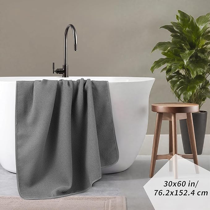 POLYTE Microfiber Oversize Quick Dry Lint Free Waffle Bath Towel for Body, 60 x 30 in, Set of 2