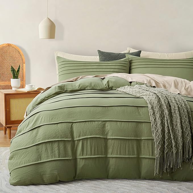 Oli Anderson Sage Green Duvet Cover King Size - Pleated King Duvet Cover, 3PCS Soft and Breathable Textured Bedding Set with Zipper Closure(Sage Green,104"x90")