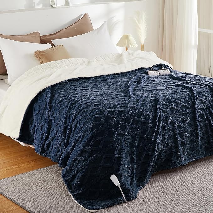 CAROMIO Electric Blanket Full Size - Thick Tufted Sherpa Heated Blanket with 10 Heating Levels and 10 Time Settings, ETL Certified Machine Washable Fast Heating Blanket Full 72"×84", Navy Blue