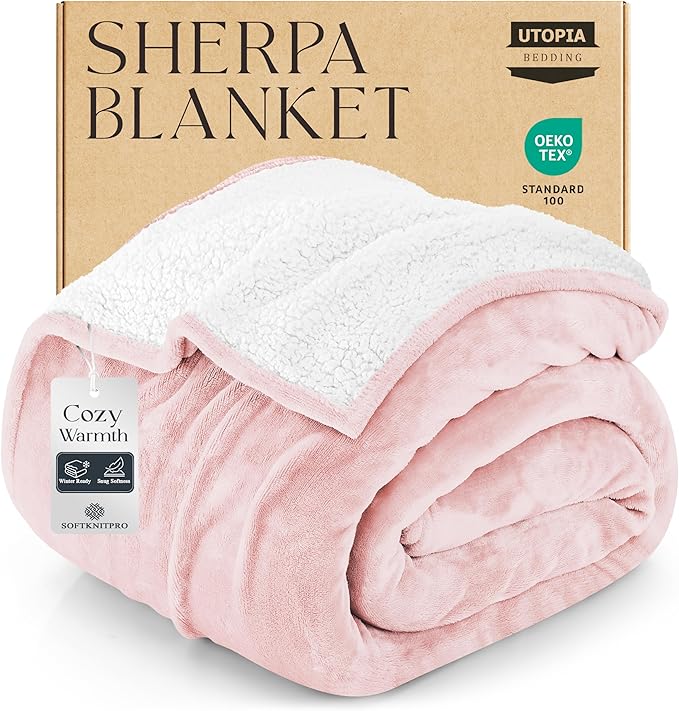 Utopia Bedding Sherpa Blanket Queen Size (Pink, 90x90 Inches) - Soft Lightweight Plush Fleece Reversible Blanket for Bed, Sofa, Couch, Camping and Travel