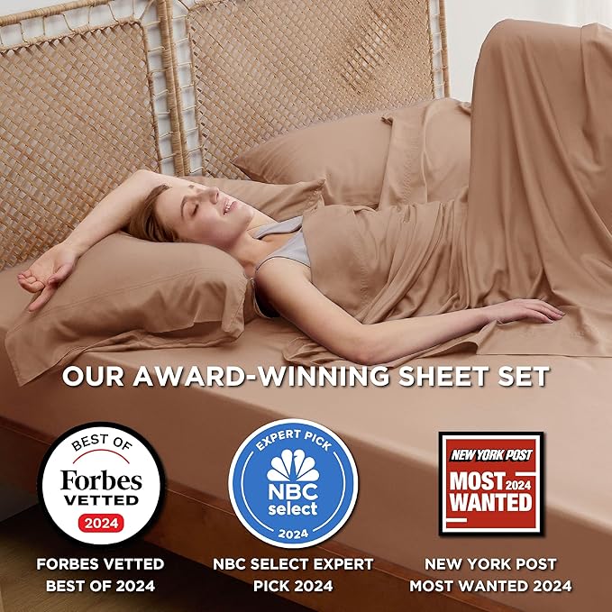 Bedsure King Size Sheets Set, Cooling Sheets for Hot Sleepers, Rayon Derived from Bamboo, Breathable & Soft, Deep Pocket Up to 16 Inches, Hotel Luxury Silky Bedding, Khaki