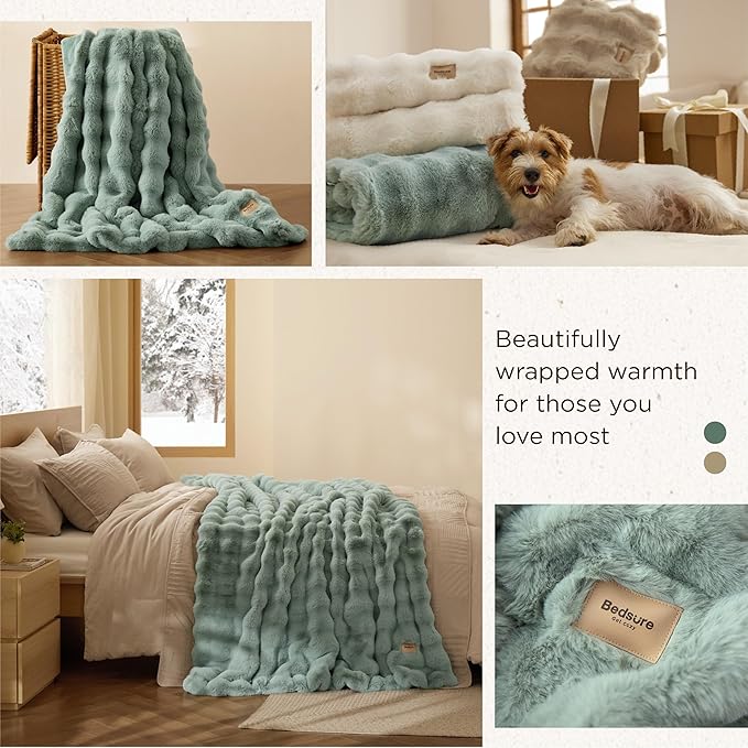 Bedsure GentleSoft Fluffy Faux Fur Blanket Twin Size, Fuzzy Soft Bubble Blanket for Couch, Faux Fur Decor for Home Living Room, Thick Furry Cozy Gifts for Women, Sage Green, 60x80 Inch