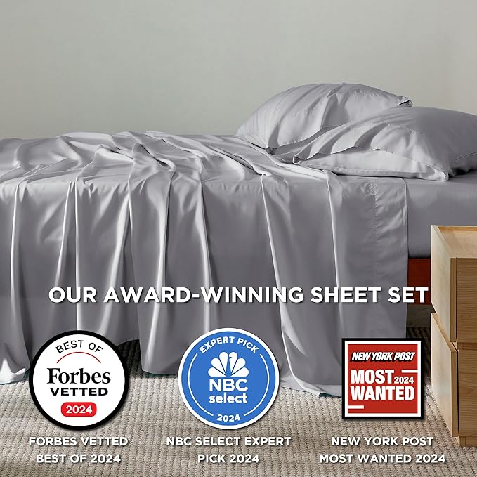 Bedsure California King Sheet Sets, Cooling Sheets, Rayon Derived from Bamboo, Breathable & Soft, Deep Pocket Up to 16 Inches, Hotel Luxury Silky Bedding for Hot Sleepers, Silver Grey