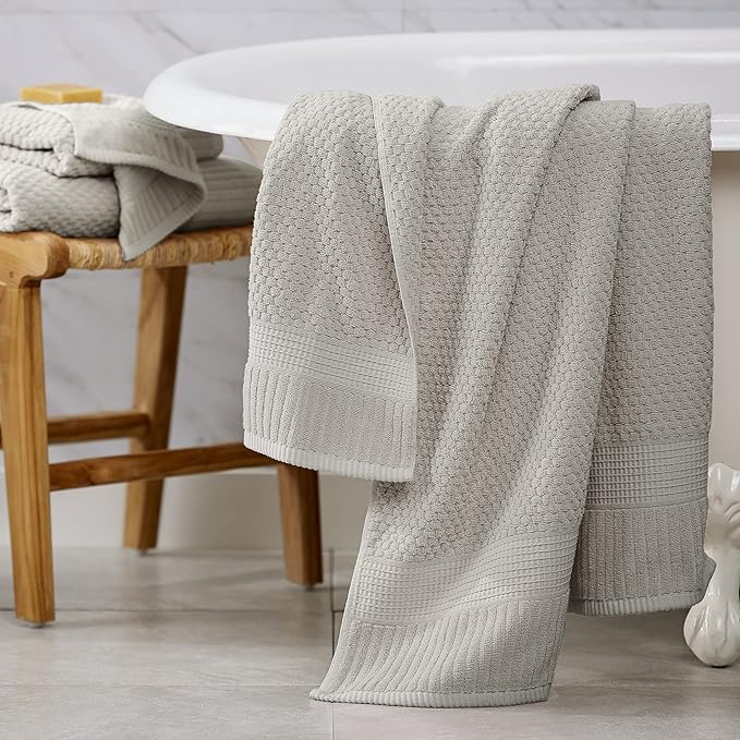 NY Loft 100% Cotton Bath Towel 4 Pack | Super Soft & Absorbent Quick-Dry Bath Towels 30" x 52" |Textured and Durable Cotton | Trinity Collection (4 Pack Bath Towel, Quiet Grey)