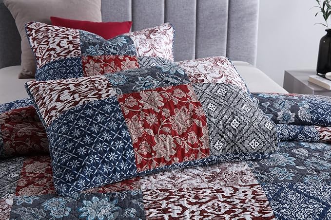 Yvooxny Quilts King Size Bedspread Quilt Set Lightweight Reversible Coverlet Set Real Patchwork Quilted Bedding Set for All Seasons, Bohemian Floral Style, King Size