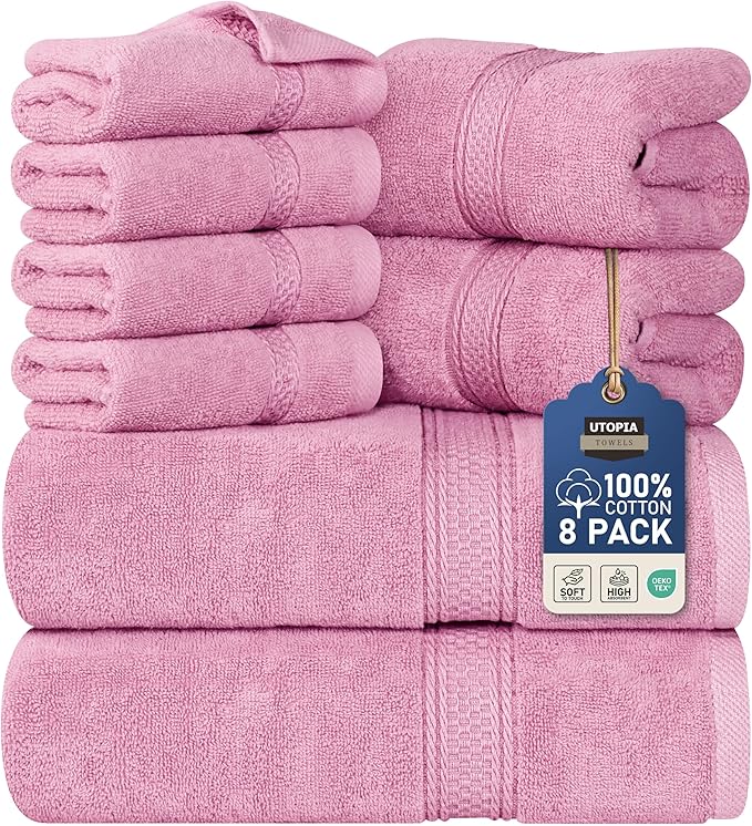 Utopia Towels 8 Piece Premium Towel Set, 2 Bath, 2 Hand, and 4 Wash Cloths, 600 GSM 100% Ring Spun Cotton, Highly Absorbent Towels for Bathroom, Gym, Hotel, and Spa, Pink
