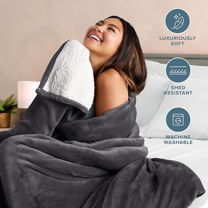 Bare Home Sherpa Fleece Blanket - Throw/Travel Size - Blanket for Bed, Sofa, and Couch - Warm & Lightweight - Fluffy & Soft - Reversible (Throw/Travel, Forged Iron Grey)