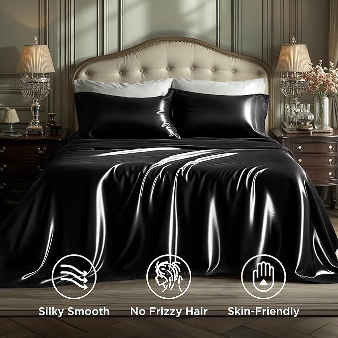 Bedsure Black Satin Sheets Queen Size - 4 Piece Silky Bedsheets with 15 Inches Deep Pocket Fitted Bedsheet,1 Flat Sheet, 2 Satin Pillowcases, Good for Hair & Skin (Queen, Black)