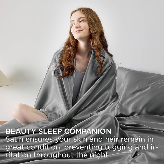 Bedsure Satin Sheets Full Size - 4 Piece Silky Bedsheets with 15 Inches Deep Pocket Fitted Bedsheet,1 Flat Sheet, 2 Satin Pillowcases, Good for Hair & Skin (Full, Dark Grey)
