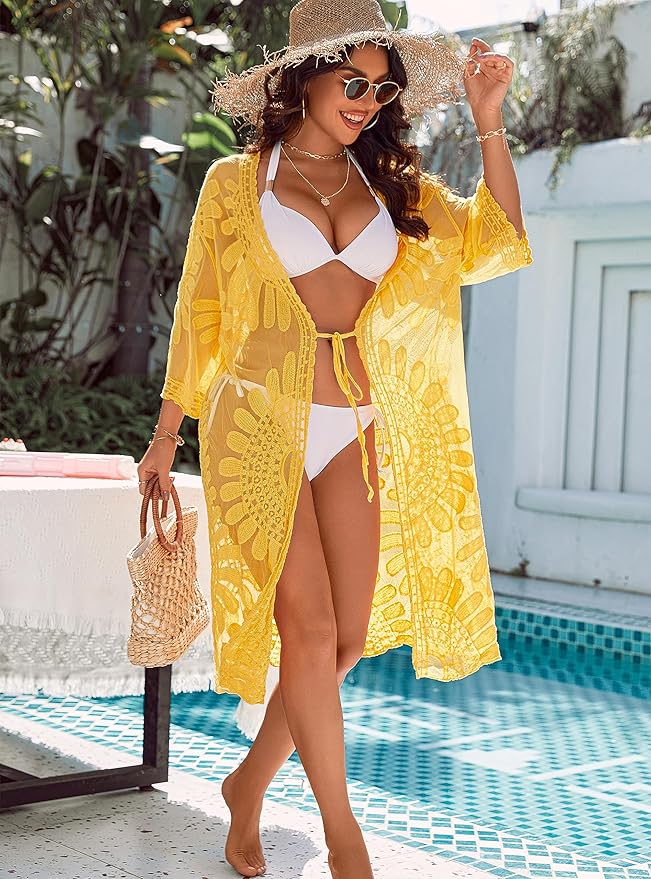 Blooming Jelly Womens Bathing Suit Cover Up 3/4 Sleeve Mesh Swimsuit Coverup Long Floral Beach Lace Kimono Summer Cardigan