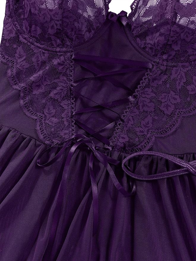 Lilosy Sexy Garter Belt Mesh Lace Babydoll Lingerie Dress Set with Thong