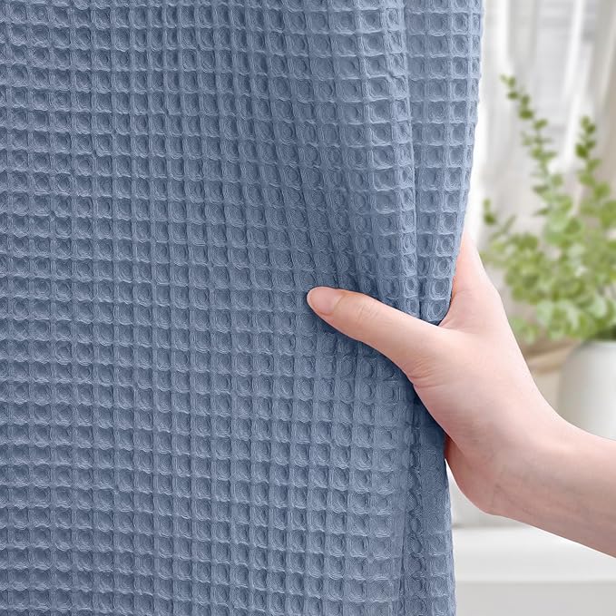 Extra Long Waffle Shower Curtain - Moonlight Blue Cotton Texture Fabric Heavyweight Shower Curtain for Bathroom,72Wx84L