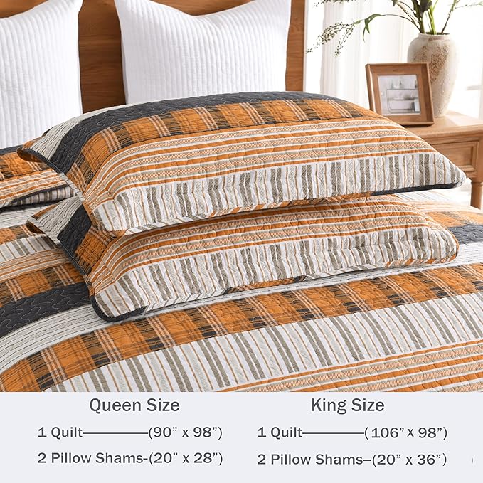Homzard Queen Comforter Set，Cotton Quilts Queen Size，Caramel Orange Black Bedding，Plaid Striped Bedspread，Lightweight Reversible Bed Set 3 Pieces