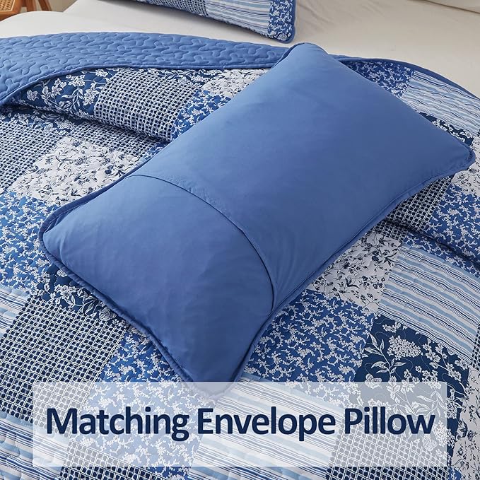 Mybedsoul Blue Boho Quilt Set King Size,3 Pieces Plaid Floral Bedspread Coverlet Set for All Season,Patchwork Reversible Bedding Set King 90"x104"