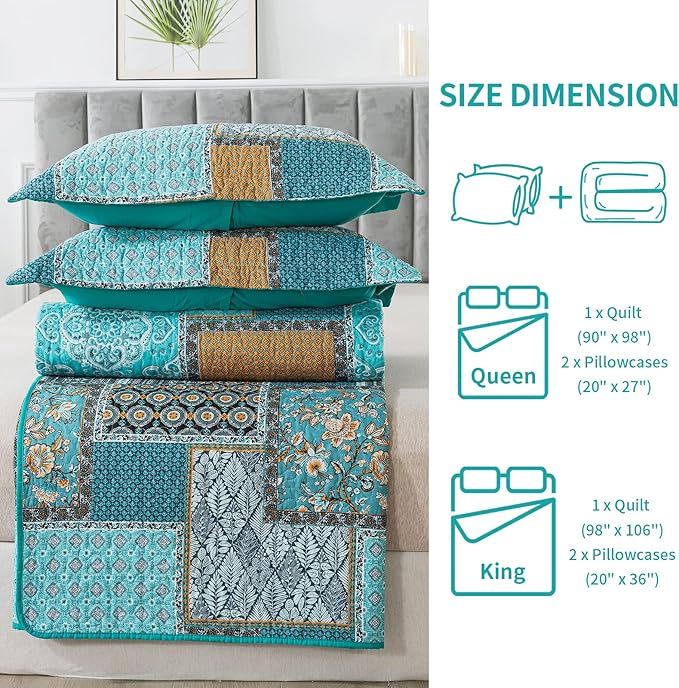 BEDIFANY 3 Pieces Cotton King Size Quilt Sets, King Bedspread Lightweight Quilted Reversible Coverlets Farmhouse Quilt Bedding Sets Boho King Quilt Set for Bed Decorations for All Seasons