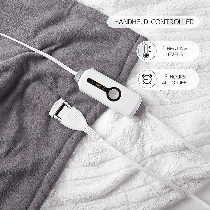 Heated Electric Throw Blanket 50" x 60" Size, Polar Fleece 4 Temperature Settings & 3 Hours Auto-Off Soft Fleece Cozy and Comfortable Machine Washable, Home Office Use - Light Grey