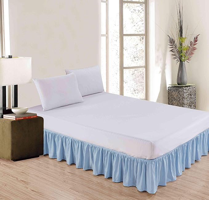 Sheets & Beyond Wrap Around Solid Microfiber Luxury Hotel Quality Fabric Bedroom Gathered Ruffled Bedding Bed Skirt 14 Inch Drop (Twin, Light Blue)