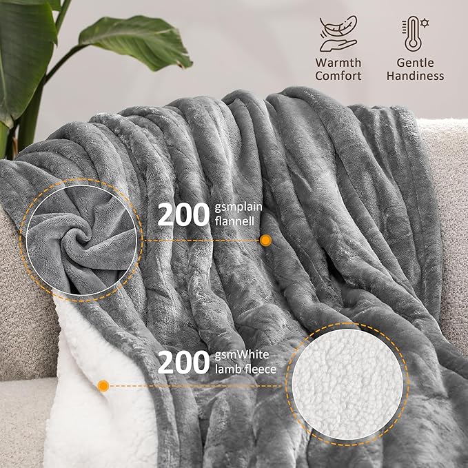 SUNVIVI Heated Blanket Queen Size, Electric Throw Dual Control, 5 Years Warranty, 10 Heat Settings, 12 Hours Auto Off, Soft Flannel and Sherpa, Machine Washable, ETL Certified, Grey, 84x90 Inch