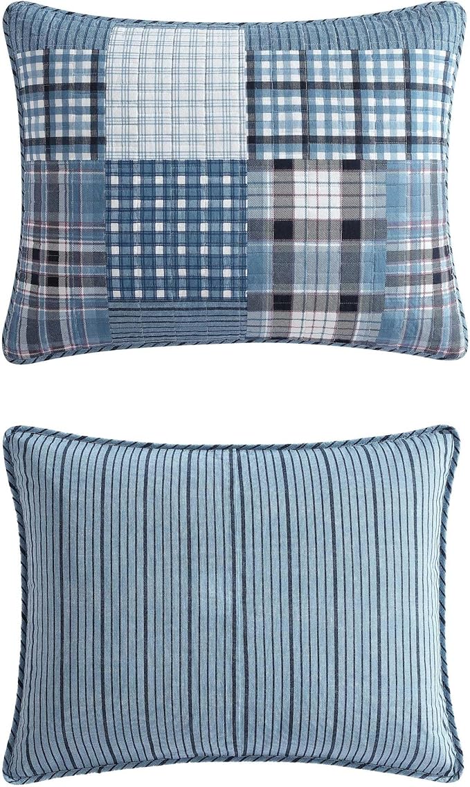 Eddie Bauer - Twin Quilt Set, Reversible Cotton Bedding with Matching Sham, Patchwork Plaid Bedding Set (Hawthorne Blue, Twin)