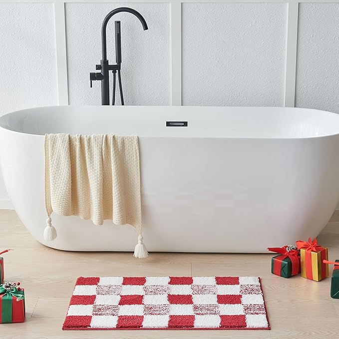 CozeCube Bath mats for Bathroom Non Slip, Fluffy Absorbent Microfiber Bath mat Washable, Aesthetic Bathroom Rugs, Cute Christmas Red Checkered Bath mat, Christmas Red, 32" x 20"