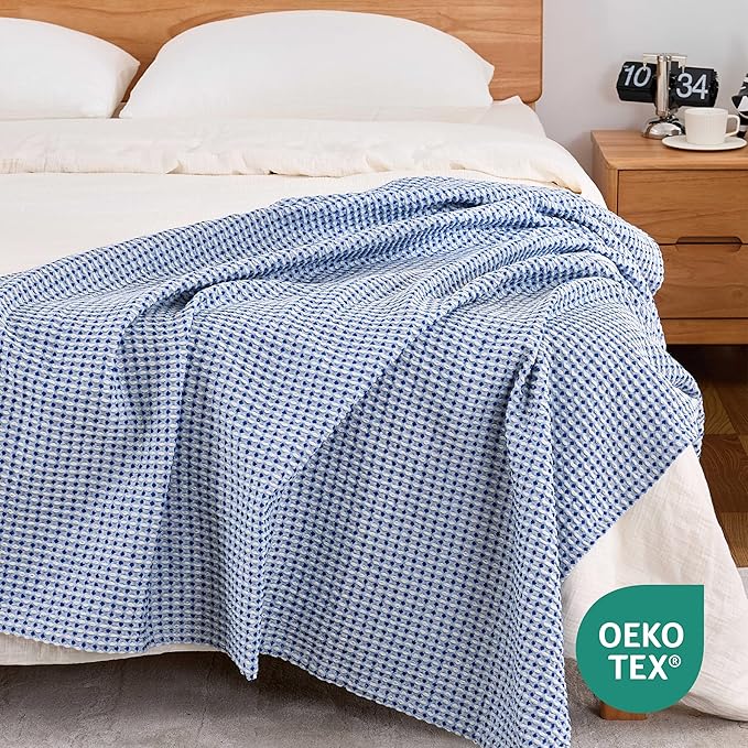 EGOHOME 100% Cotton Waffle Blanket Twin Size for Bed-Breathable and Lightweight,Soft Dual-Tone Textured Jacquard Waffle Weave Blankets for All Seasons,Navy Blue,60 x 80 Inches