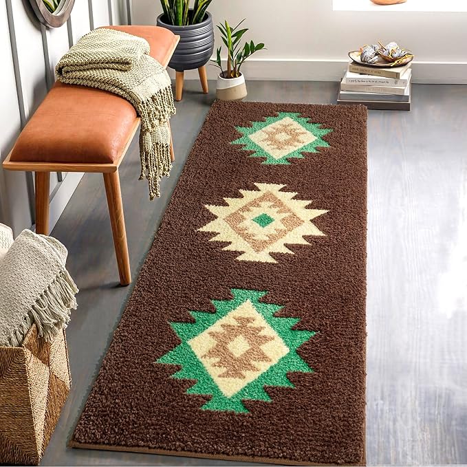 DEXDE Boho Bathroom Rug Runner 20x72 Long Bath Mat for Bathroom Bedroom Hallway Kitchen Luxury Soft Absorbent Large Modern Geometric Carpet Runner Western Farmhouse Decor, Brown