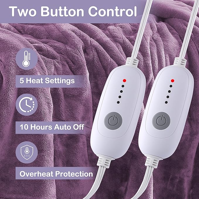 Electric Heated Blanket Queen Size 84"x90", Dual Controllers, Cozy Large Oversized, 5 Heating Levels & 10 Hours Auto Off, Cozy for Bed, Sofa, & Office, Machine Washable, Purple