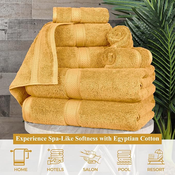 Superior Egyptian Cotton Pile Bath Towels, Ultra Soft Luxury Towel, Thick Plush Essentials, Absorbent Heavyweight, Guest Bath, Hotel, Resort, Spa, Pool, Home Bathroom, Shower Basics, Set of 4, Gold