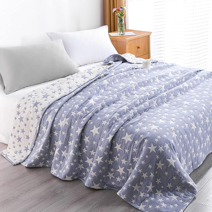 NTBAY 3 Layers Cotton Muslin 88x92 Queen Bed Blanket, Super Soft Breathable Thermal Yarn Dyed Quilt for Adults, Perfect Lightweight Blanket for Couch Sofa Bed All Seasons, Blue Stars