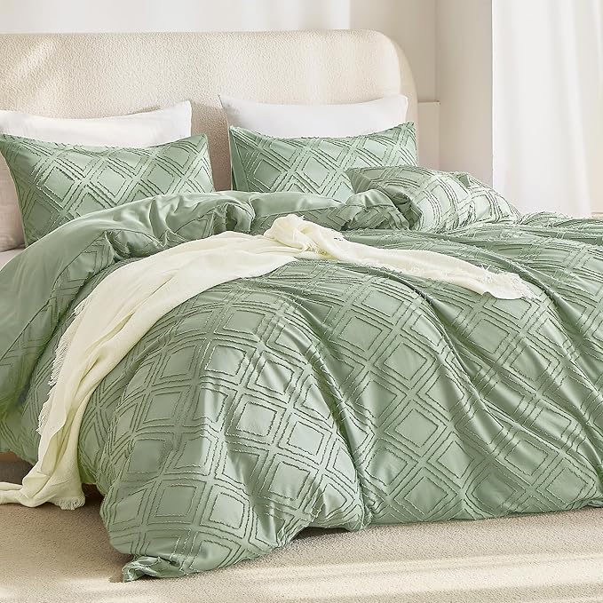 JELLYMONI Duvet Cover King Size Light Green - 3PCS Boho Duvet Cover Set Plaid Polyester Tufted Bohemian Jacquard Knit Textured Comforter Cover 104×90in Rhombic Geometric Pattern Zipper Corner Tie