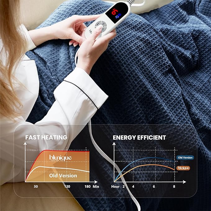 Heated Blanket Electric Blanket Twin Waffle, 62x84 Inches Sherpa Fleece Fast Heating Blanket 6 Heating Levels & 10 Hours Auto Off ETL Certification, Navy Twin