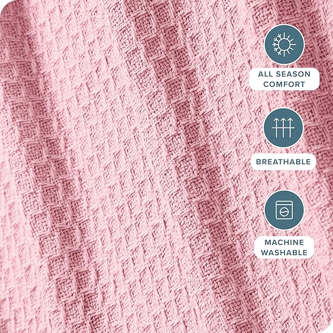 Bare Home Light Pink Waffle Blanket, Extra Long - 66Wx90L, 100% Cotton, Soft & Breathable Blanket for All Seasons, Lightweight, Perfect for Layering Bed, Sofa & Couch (Twin/Twin XL, Light Pink)
