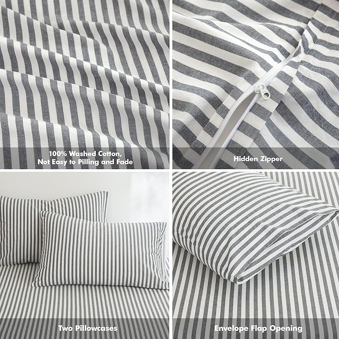 FOSSA Striped Duvet Cover Set 100% Washed Cotton Linen Feel Super Soft Breathable Cozy 3 Pieces Bedding Sets Dark Grey Classic Stripes Queen