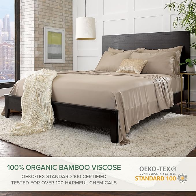 Split King Sheets by Pure Bamboo, Genuine 100% Organic Viscose Derived from Bamboo Bed Sheet Set, Soft & Cooling, Double Stitching *Not for Split Top (Split King, Sand)