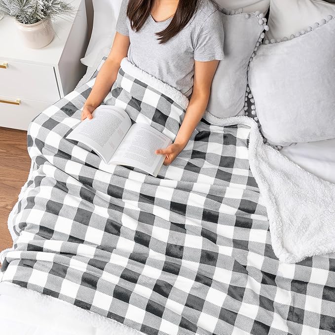 PAVILIA Light Grey Buffalo Plaid Sherpa Throw Blanket for Couch Twin, Soft Fuzzy Flannel Blanket for Bed, Plush Checkered Fleece Blanket and Throws, Warm Thick Winter Blanket Gift, 60x80