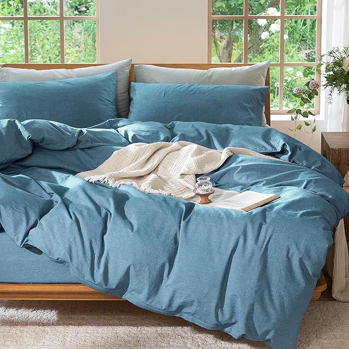 MooMee Bedding Duvet Cover Set 100% Washed Cotton Linen Like Textured Breathable Durable Soft Comfy (Heathered Peacock Blue, Oversized Queen 98"x98")
