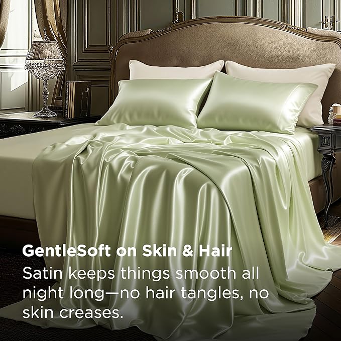 Bedsure Satin Sheets King Size - 4 Piece Silky Bedsheets with Elastic Corner Straps and 15 Inches Deep Pocket Fitted Bedsheet,1 Flat Sheet, 2 Satin Pillowcases, Good for Hair & Skin (King, Sage Green)